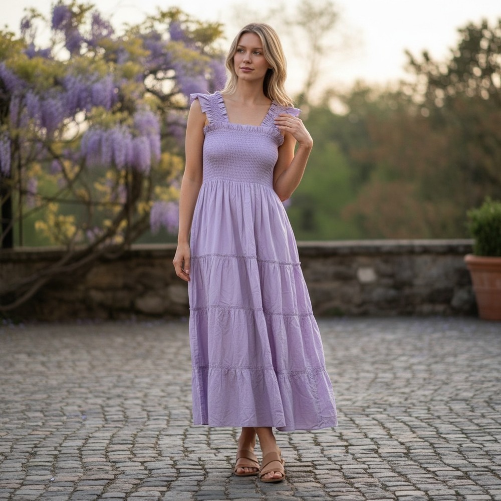 New Quince women's M Organic Cotton Smocked Midi Dress Pastel Lilac Purple